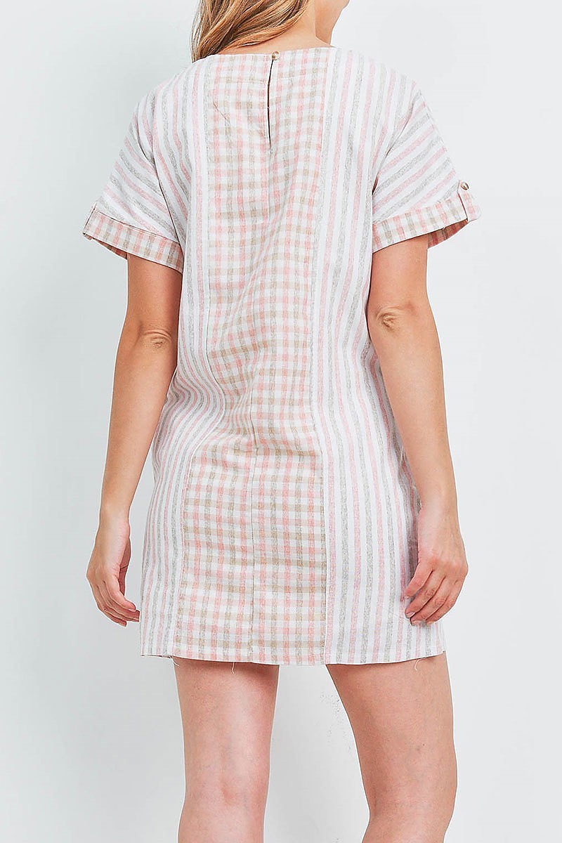 Stripe checker mix pocket detail dress (DED6343)