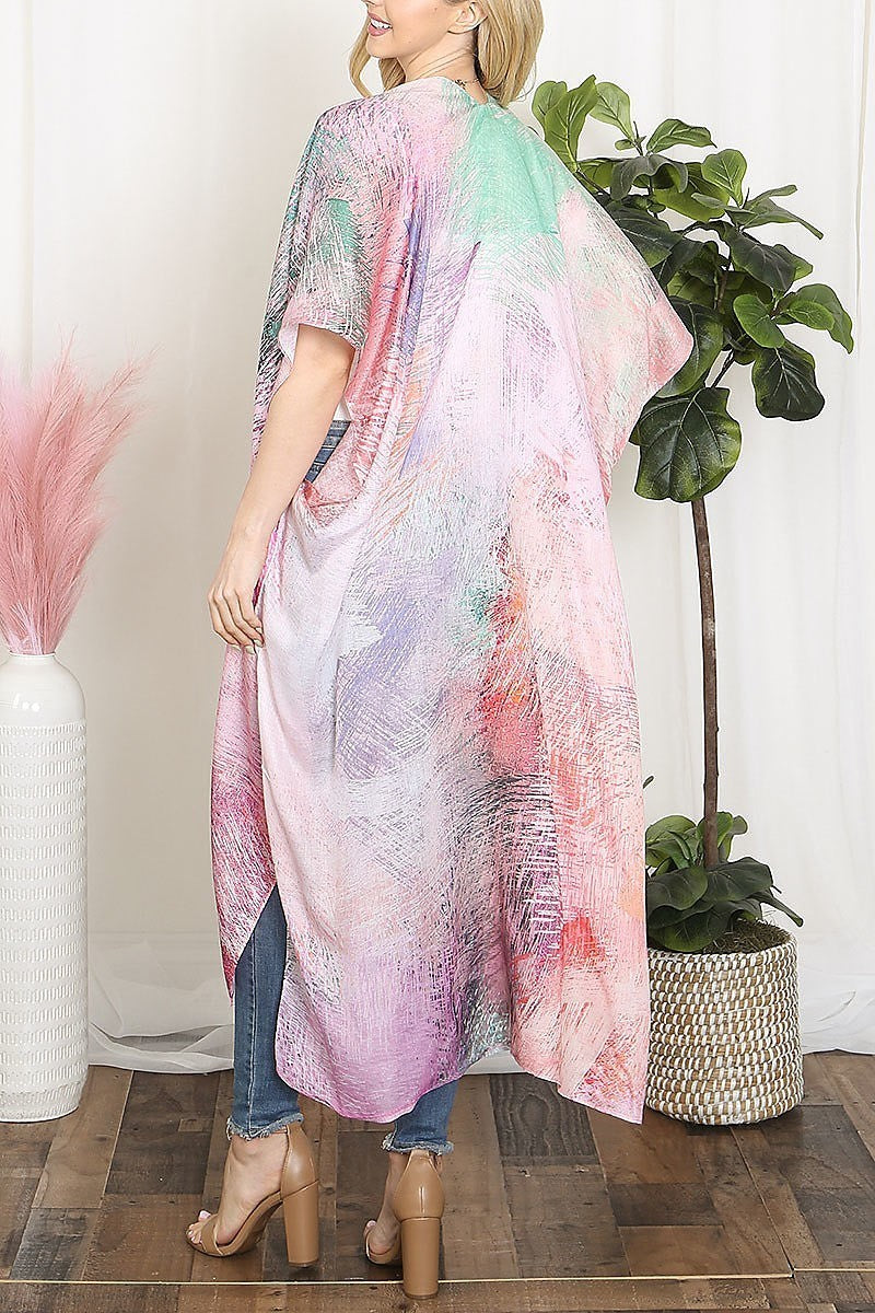 Tie dye multicolor splatter line print open front long kimono (EF5607)