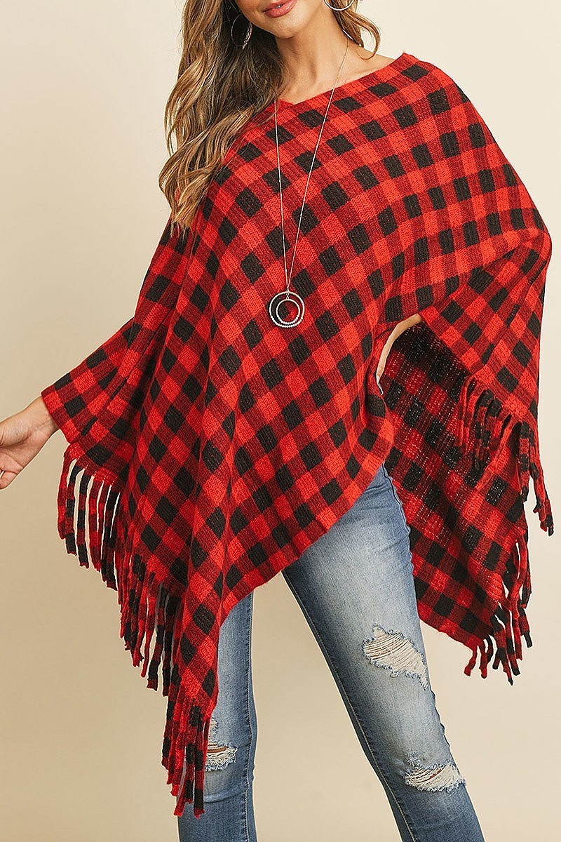 Fringe detail buffalo plaid poncho kimono (DGS4956)