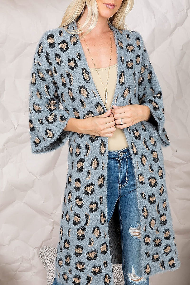 Fuzzy fur leopard print knee length kimono (DGS5534)