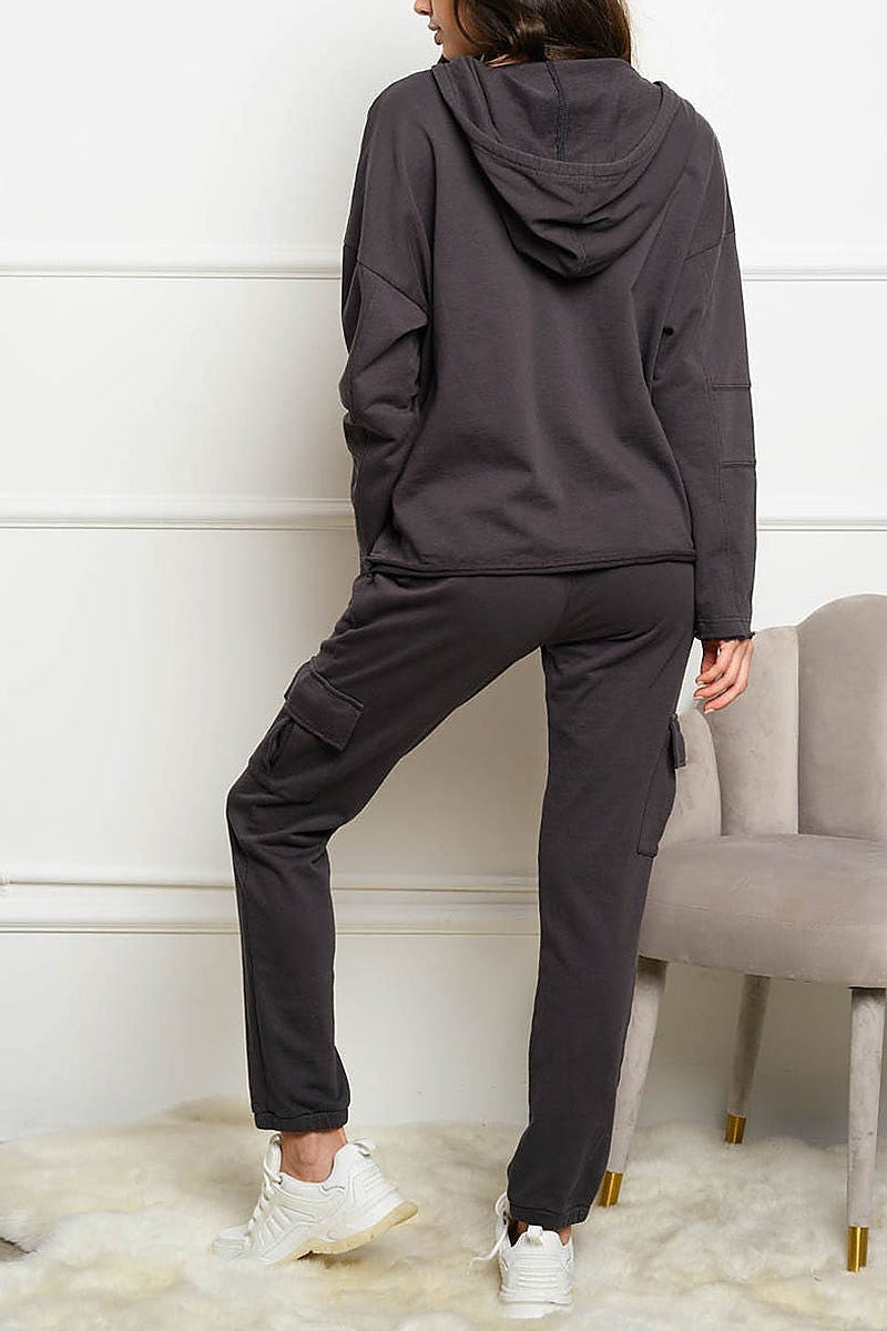 Solid hoodie cargo pocket self tie jogger set (EDWT4730)