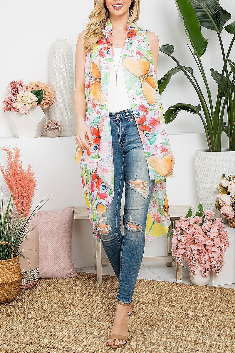 Tropical flower print open front kimono vest (EF5320)