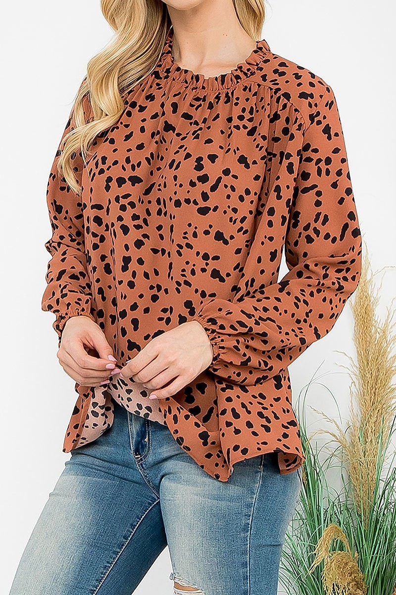 Puff sleeve merrow neckline animal print woven top (EF6828)