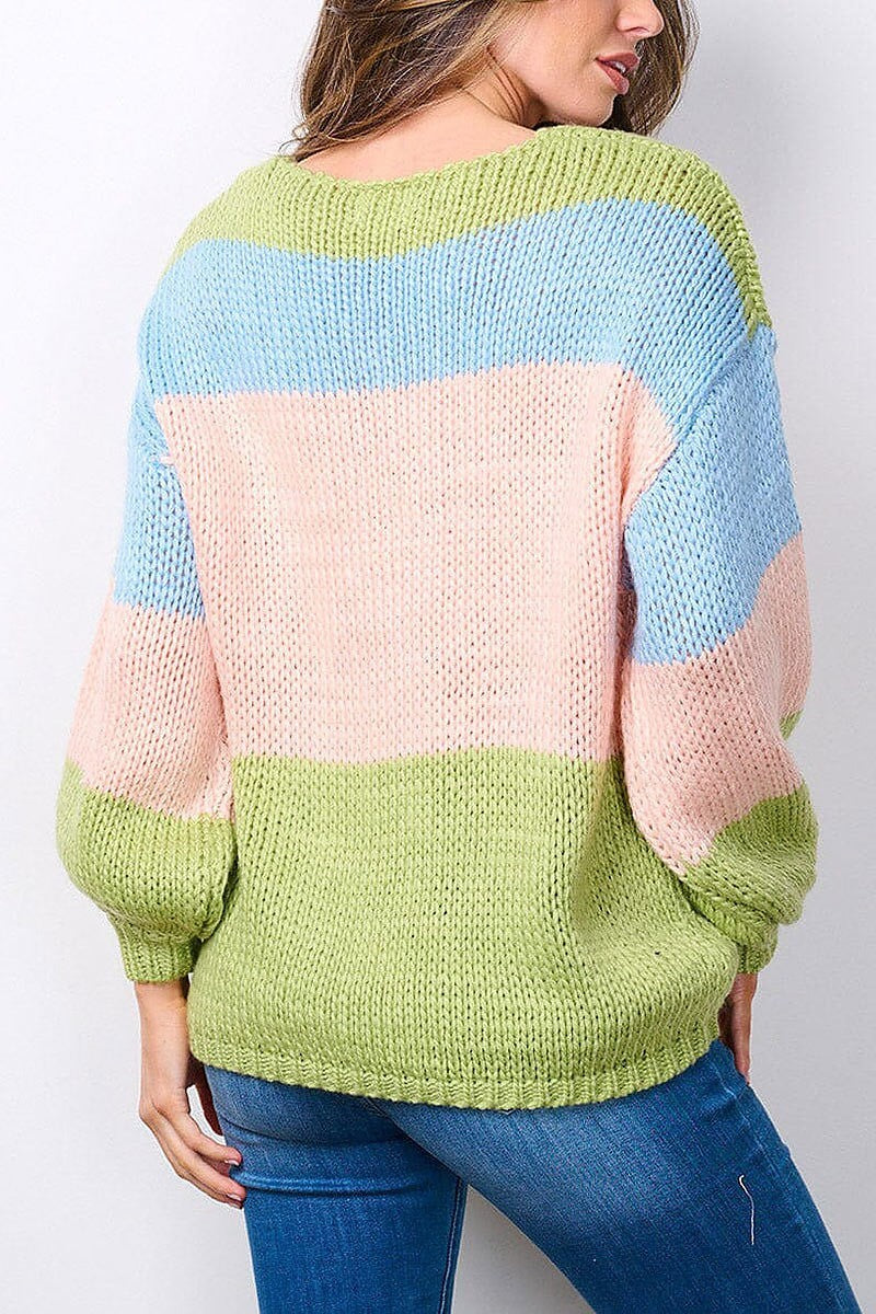 Long sleeve v-neck colorblock sweater (EFWT7497)