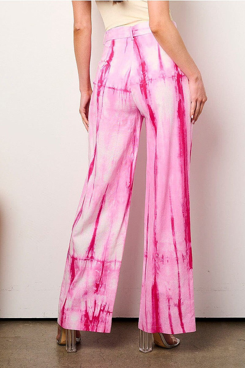 Button closure belted tie dye wide leg pants (EFWT9092)