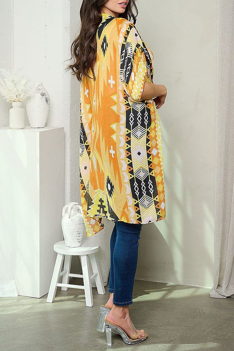 Short sleeve open front tribal print kimono (EFWT1031)