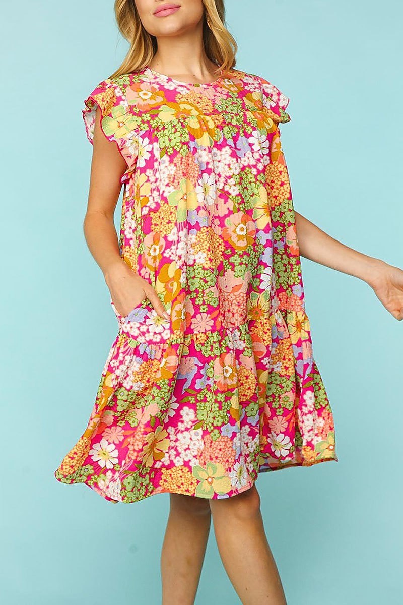 Floral ruffle frill sleeve with side pockets dress (ETMBM2833)