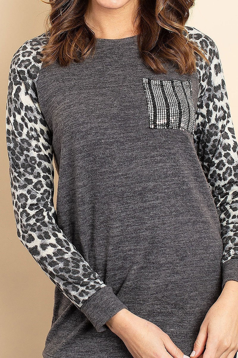 Animal print sleeve sequin pocket color block top (ED8013-2)