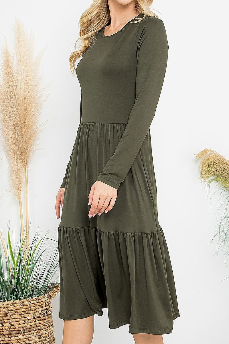 Solid long sleeve tiered pocket flare dress (DED8853)