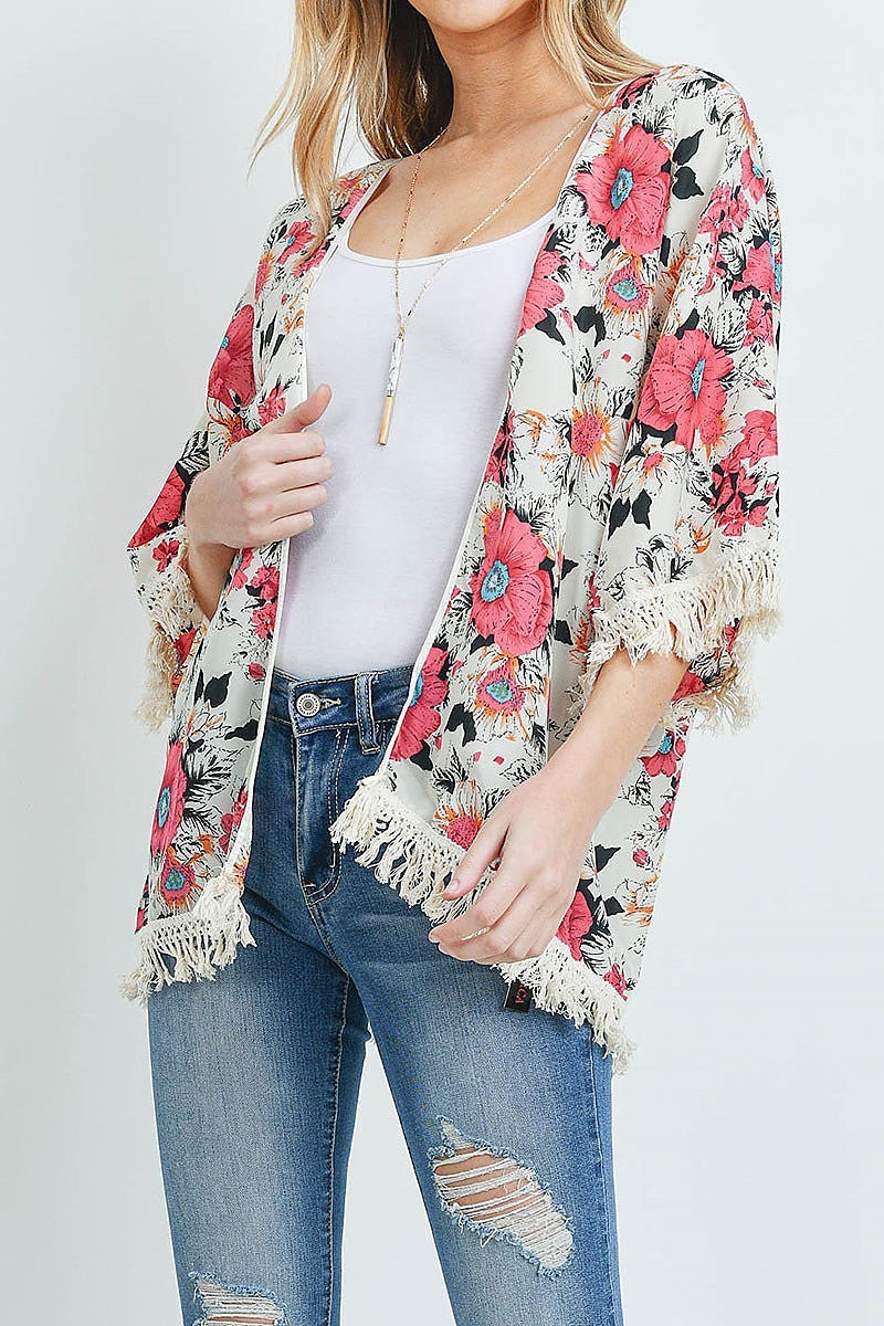 Open front hip length floral kimono (ED8855)