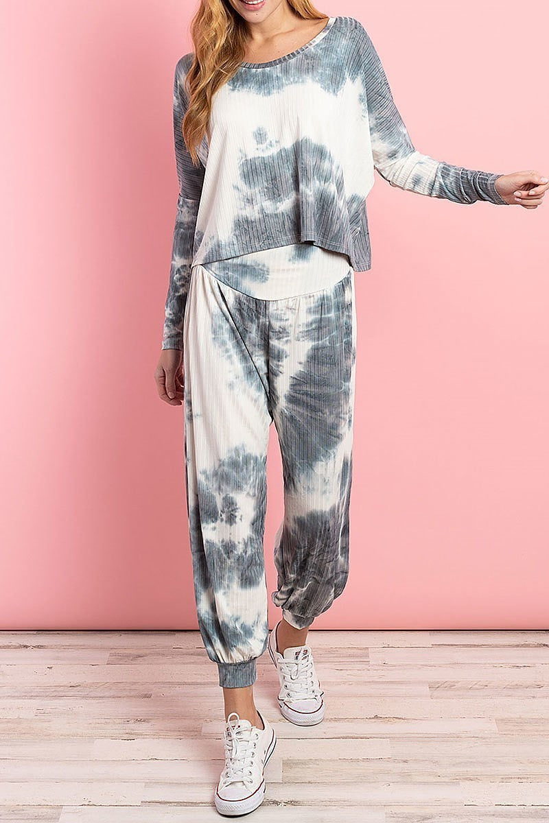 Tie dye ribbed knit top and pant set (ED8465-2)