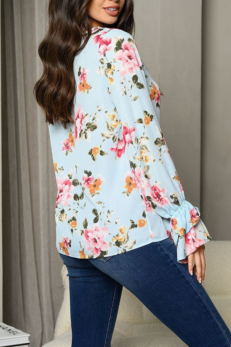 Long bell sleeve ruffle floral tunic top (EDWT6881)