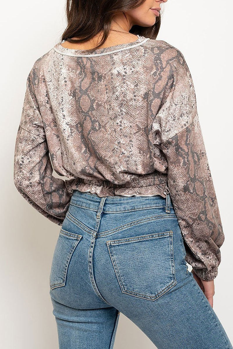 Long sleeve elastic waist snake print top (EDWT2453)