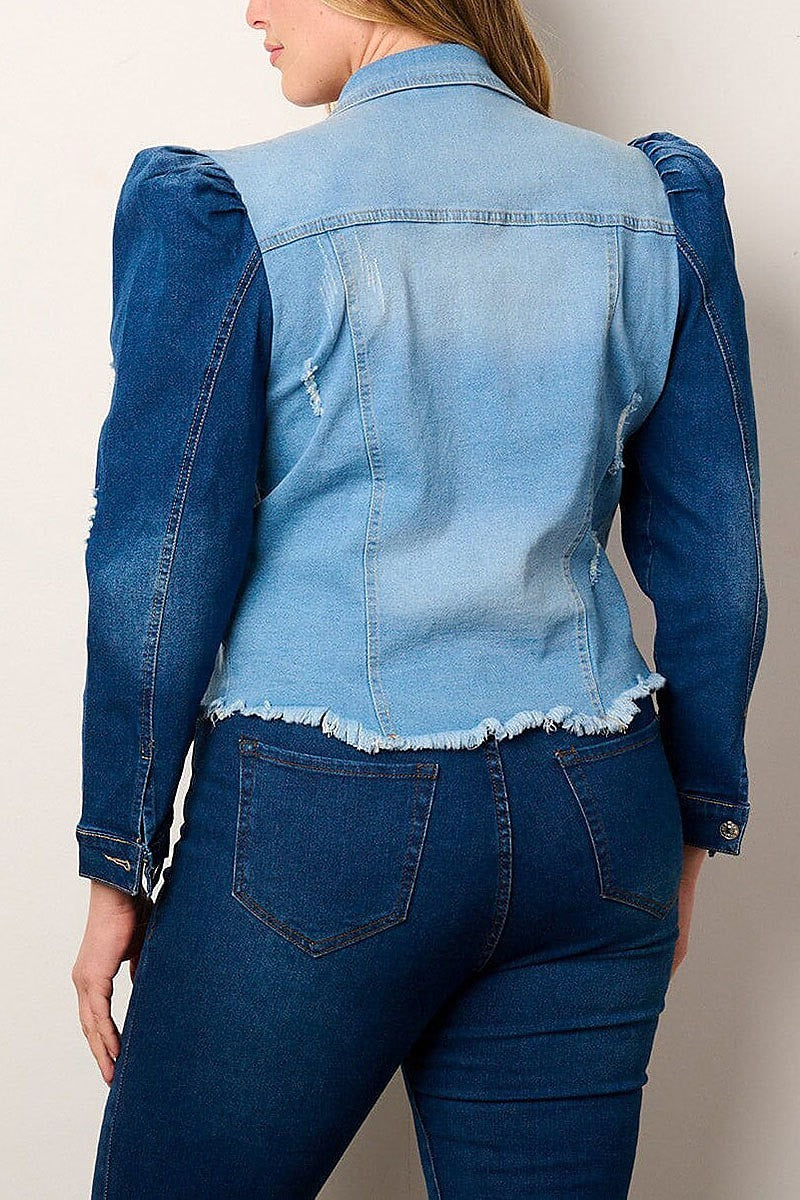 Puff sleeve button closure colorblock denim jacket (EFWT9034)