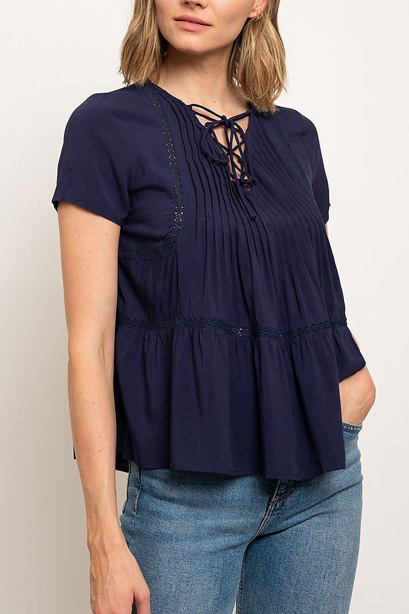 Lace trim tiered pleated top (EDWT2491)