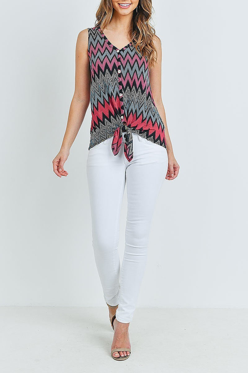 Waist tie button front chevron print top (ED8537-F2RA2)