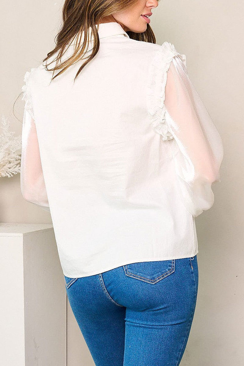 Long sheer sleeves button up ruffle blouse top (EFWT4018)