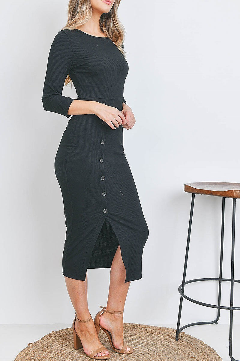 Button front slit detail midi dress (DED7068)