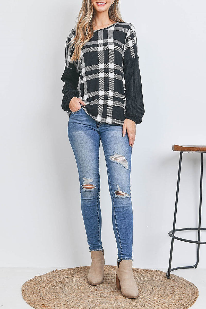 Knit elastic band long sleeve plaid top (EF2643)