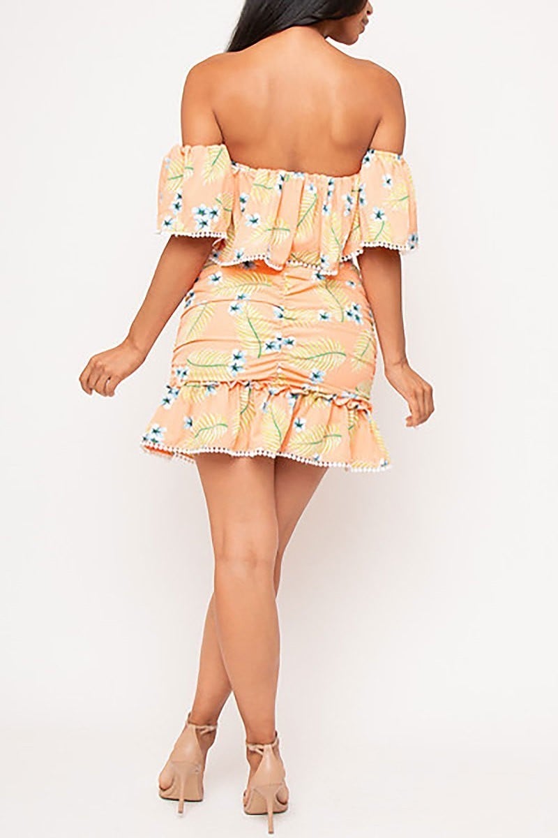 Floral print off shoulder top and skirt set (EDVC2461)