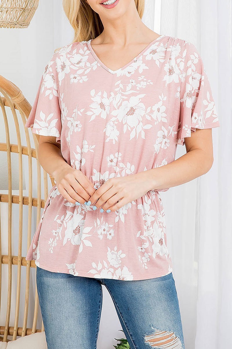 V neck bell sleeve floral cinch waist top (EF3119)