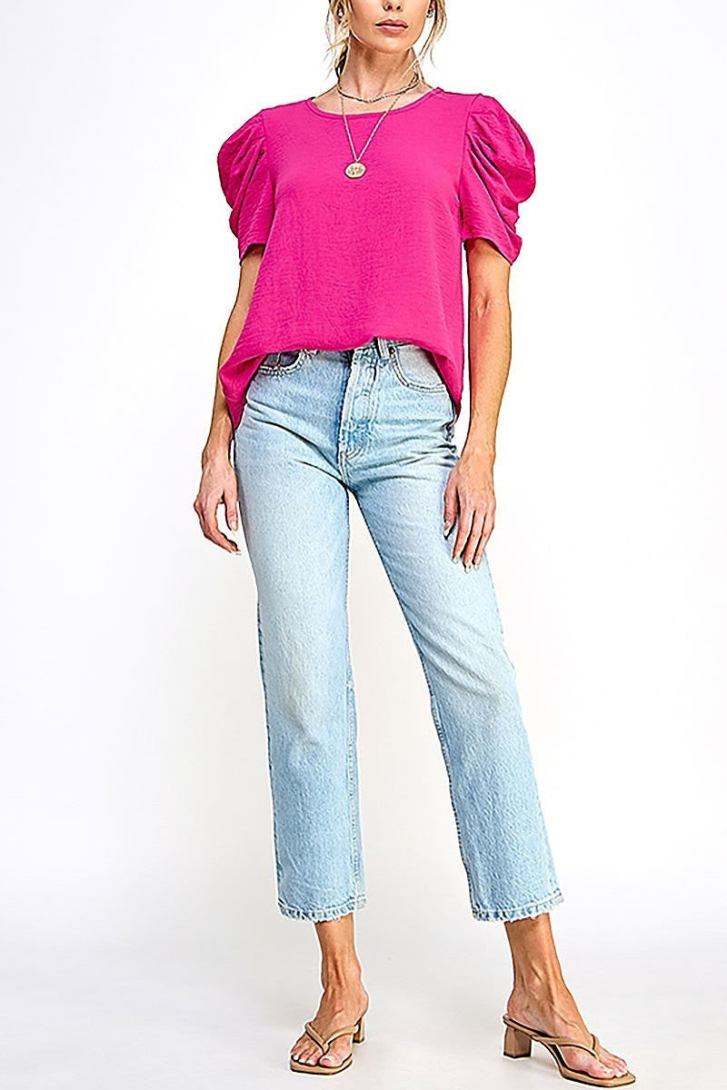 Pleated puff sleeve woven solid top (EF5829)