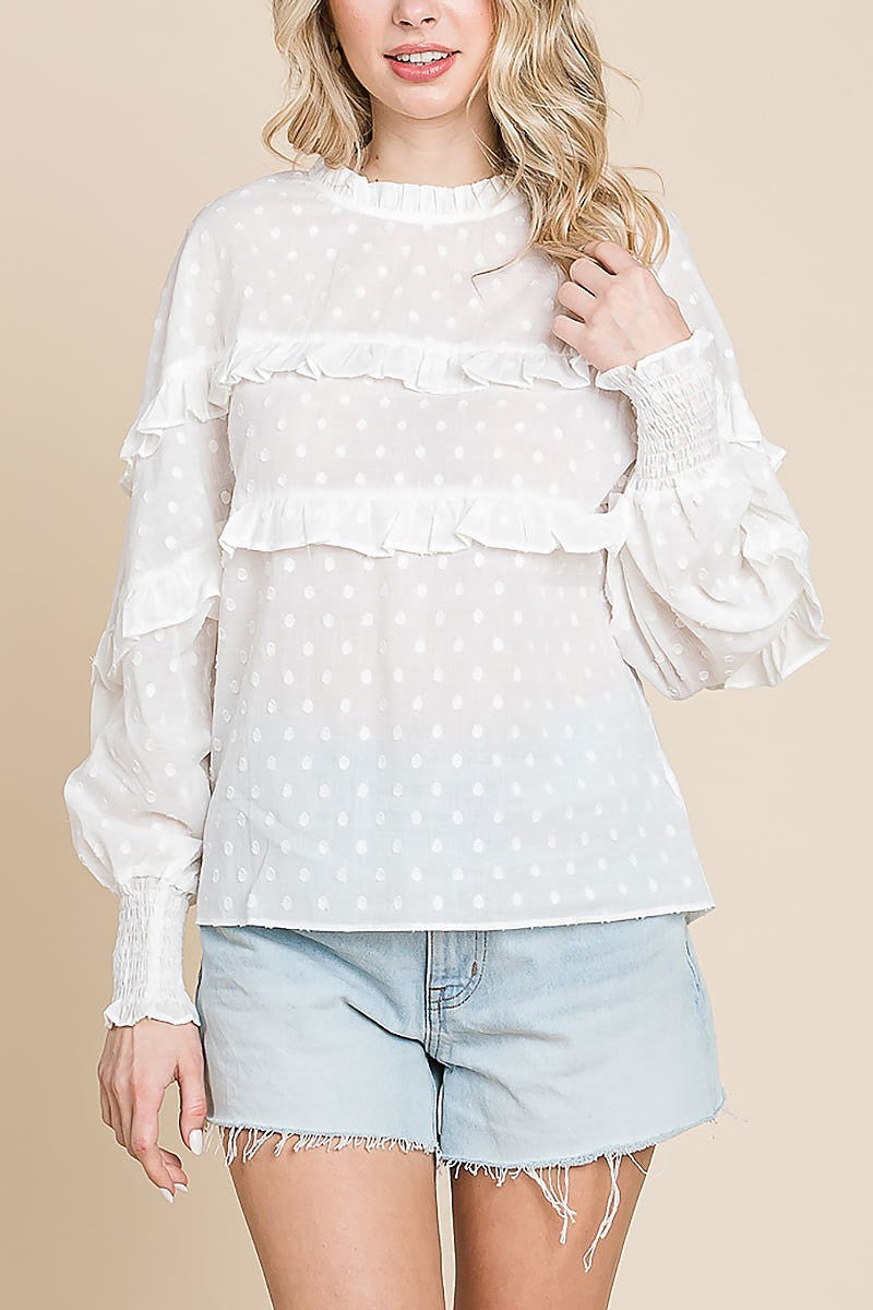 Snow dot voile mock neck dolman blouse (EDH1084)