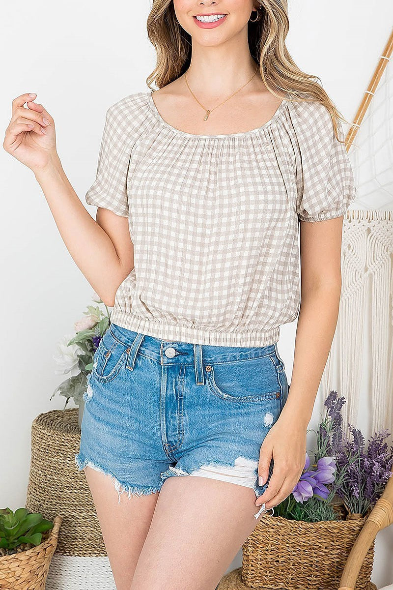 Ginghem scoop neck puff sleeve crop top (EF3995)