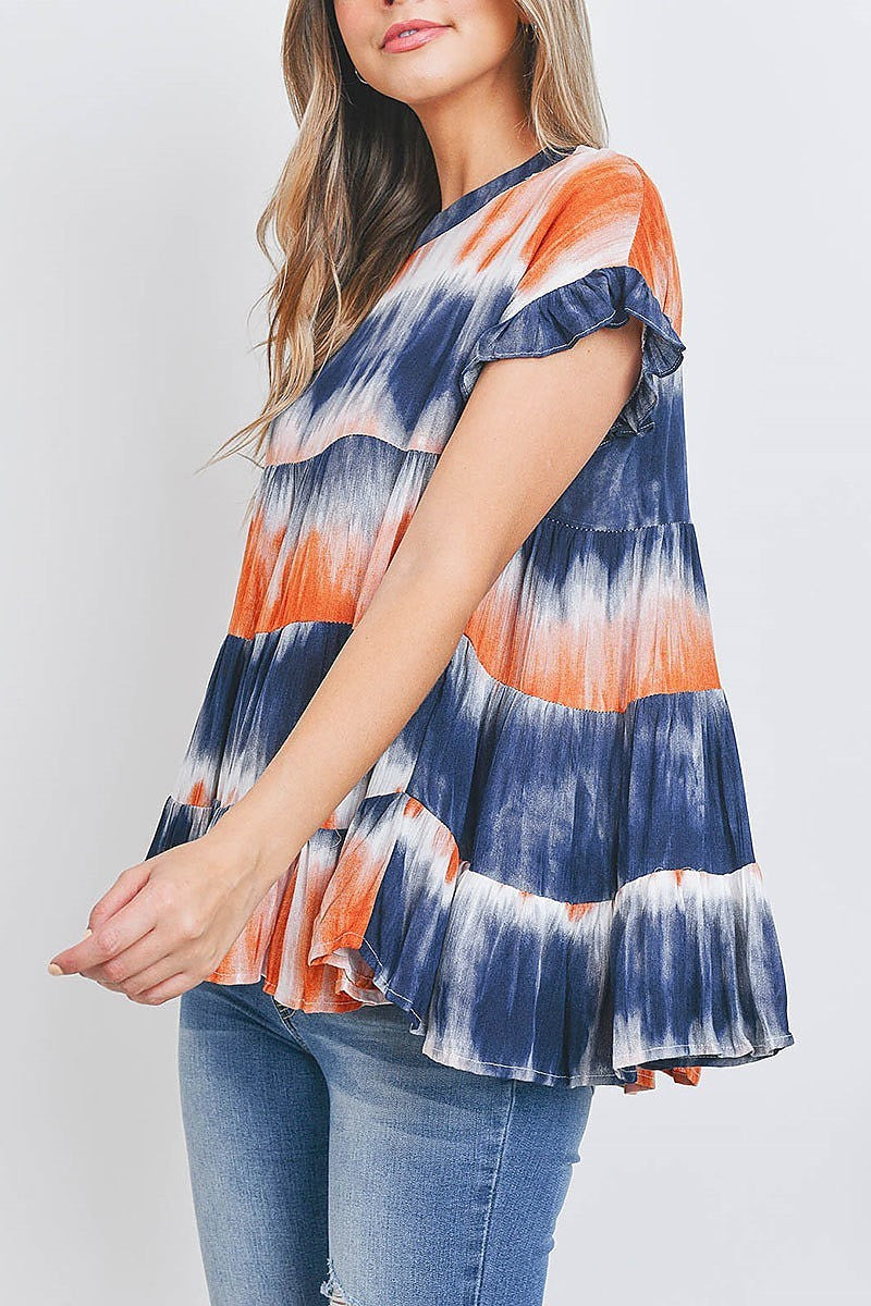 Crew neck ruffle sleeve tiered layered tie dye top (EF2635)