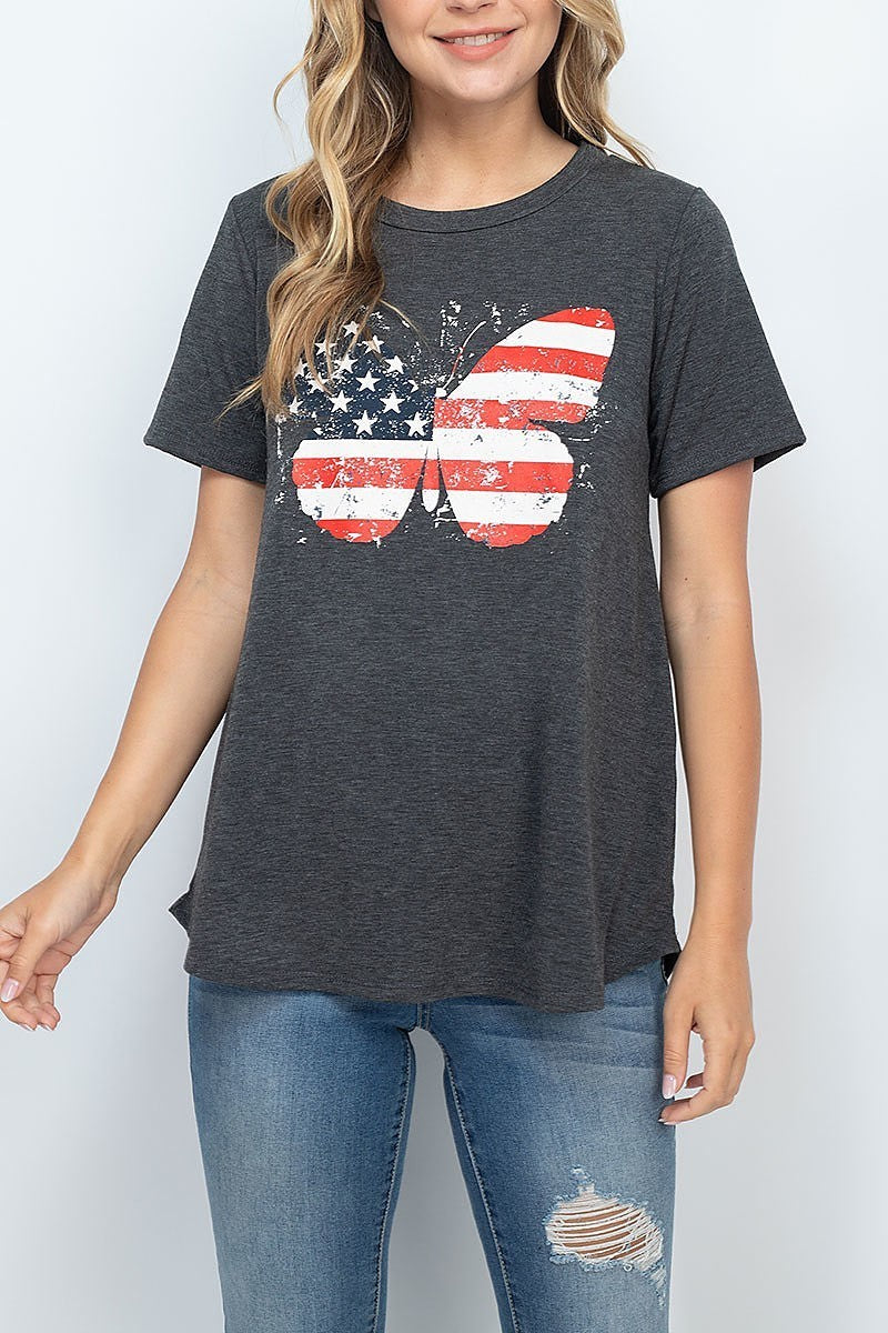 Usa butterfly print crew neck top (EF1315)