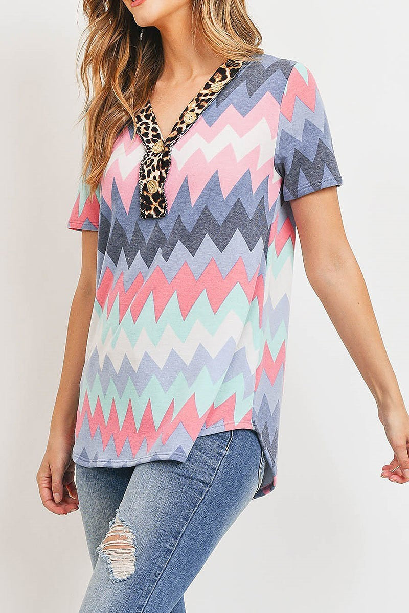 Animal chevron print color block top with button trim (ED8936-LAST)