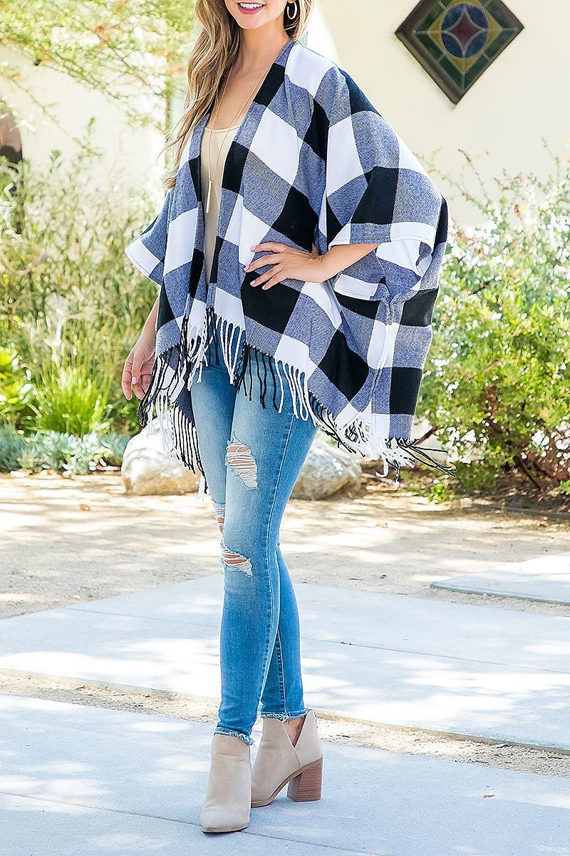 Plaid open front fringe kimono (DGS5876)