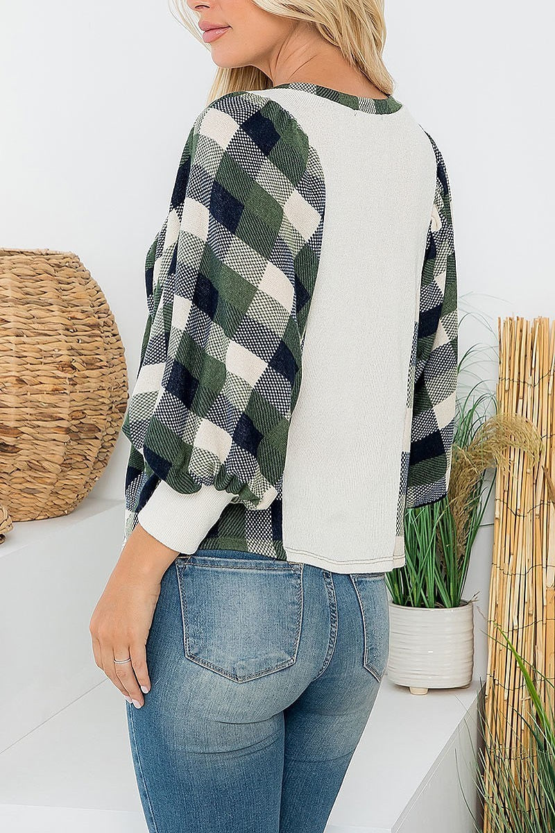 Combo plaid contrast long sleeve top (EF6097)