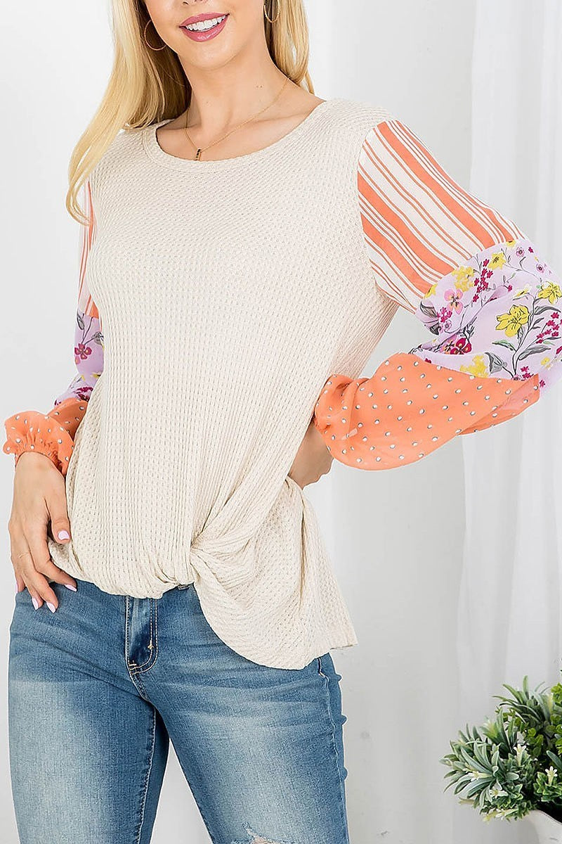 Stripte floral polka dot mix sleeve thermal top (EF4153)