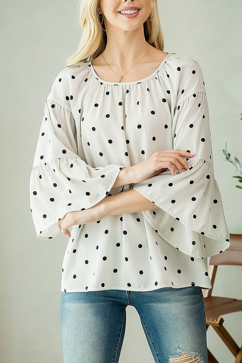 Bell sleeve polka dot ruched top (EF3938)