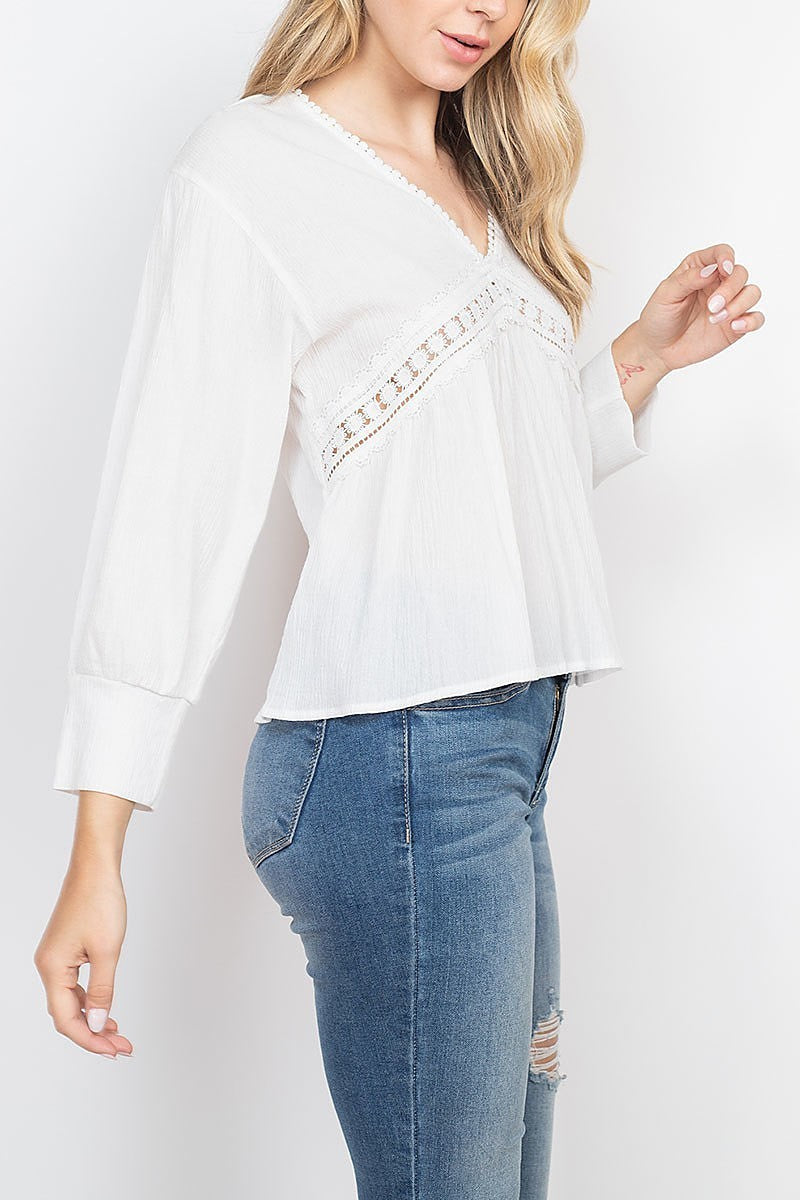 V neck lace trimmed bubble sleeve top (EF1800)