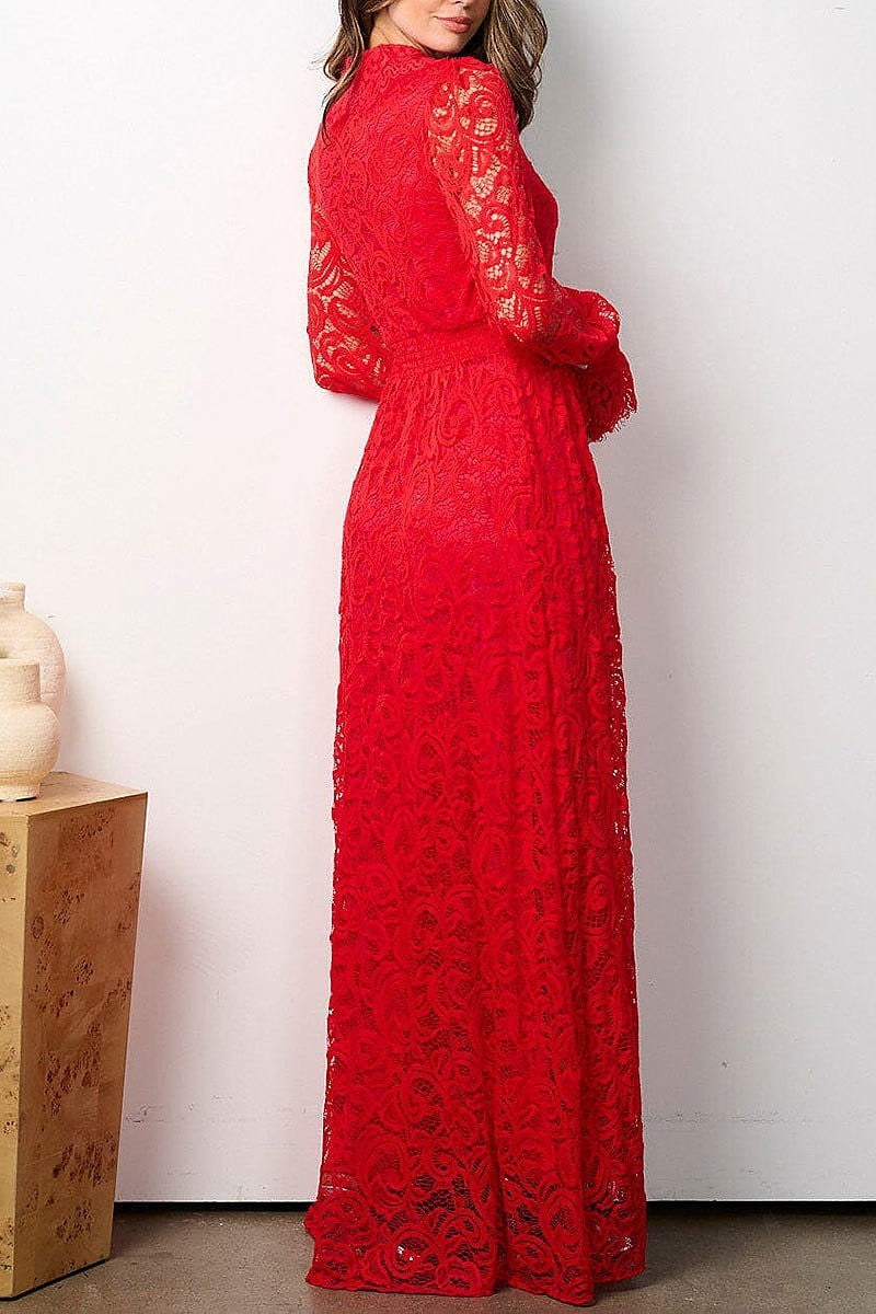 Long sleeve button up all over lace maxi dress (EFWT7817)