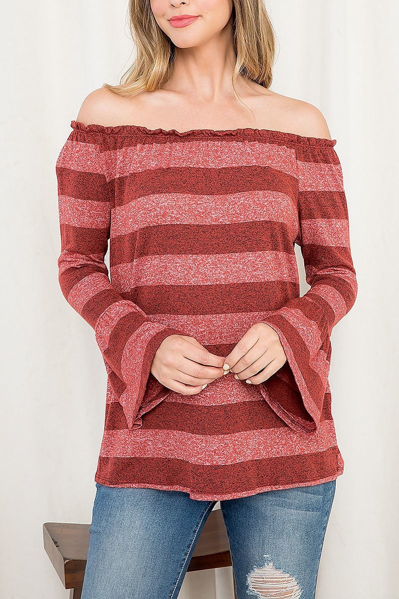 Off shoulder bell sleeve stripe top (EF2620)