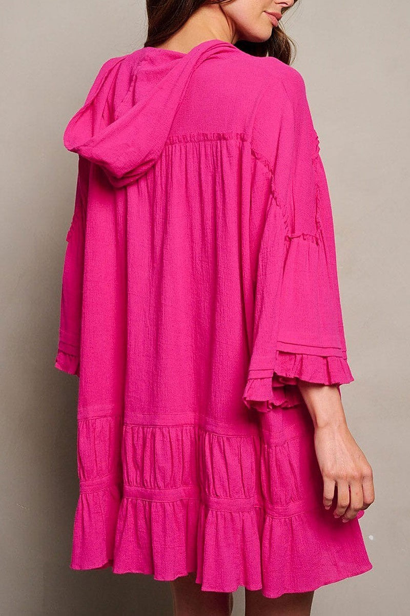 3/4 ruffle sleeve v-neck tiered hooded tunic top (EGWT1780)