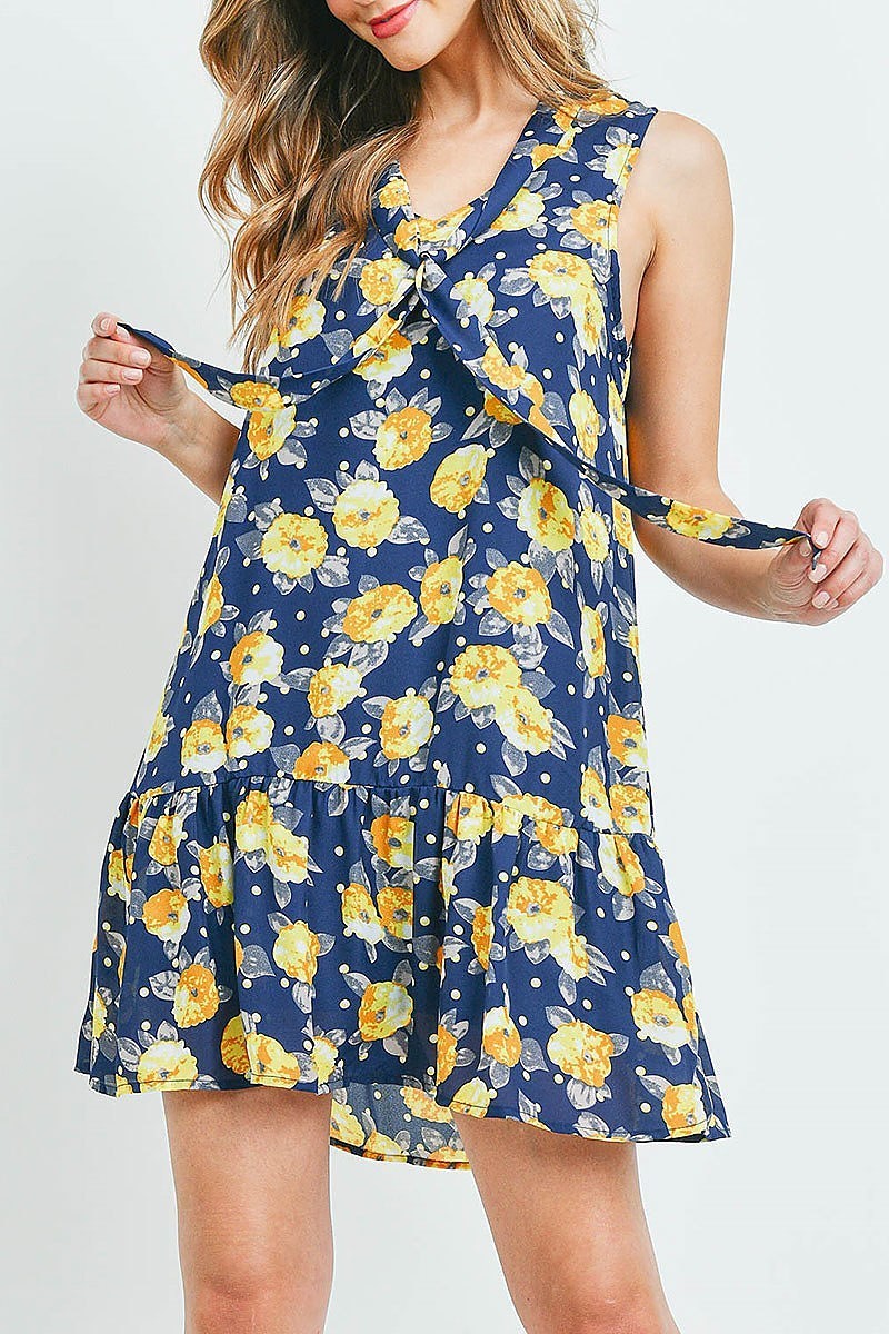 V neck tie neck detail floral polka dot ruffle hem dress (DED6156)