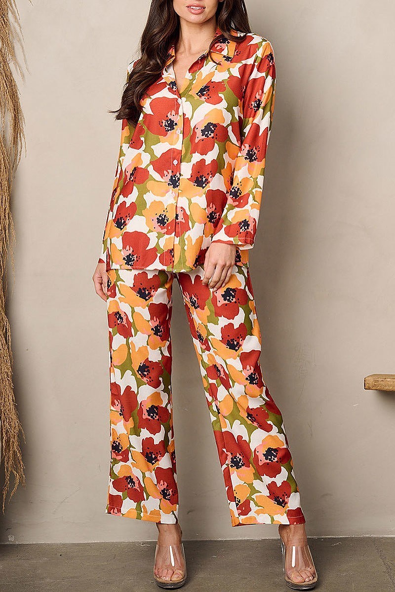 Long sleeve button up top & pants floral set (EFWT1865)