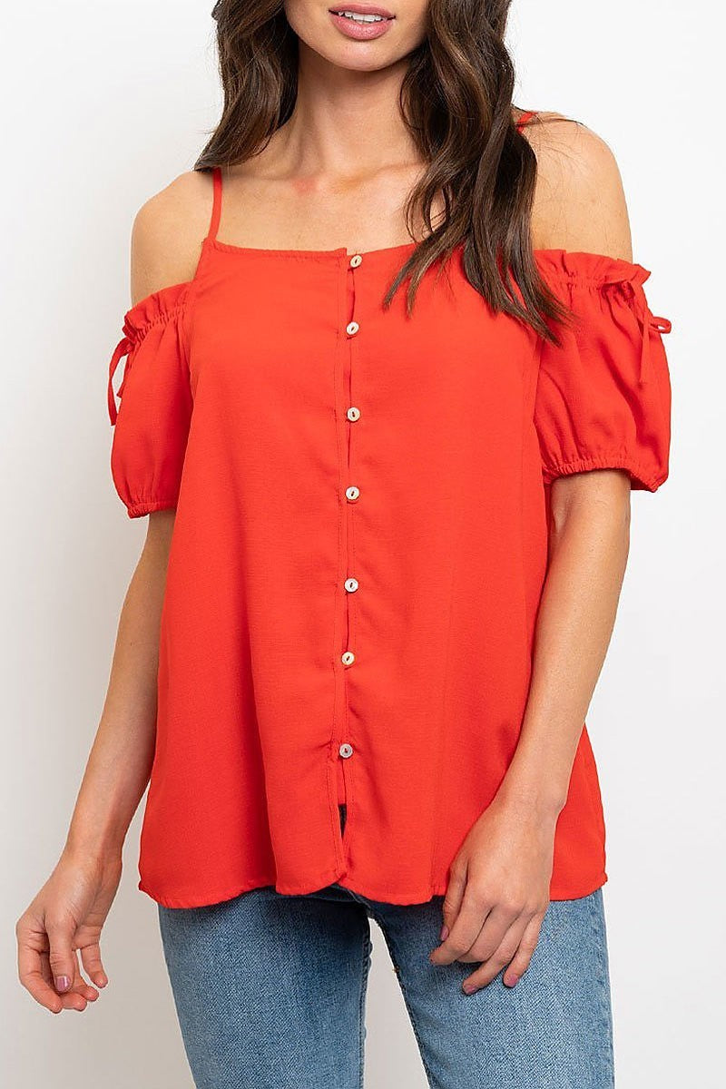 Off shoulder tie detail button front top (EDWT2253)