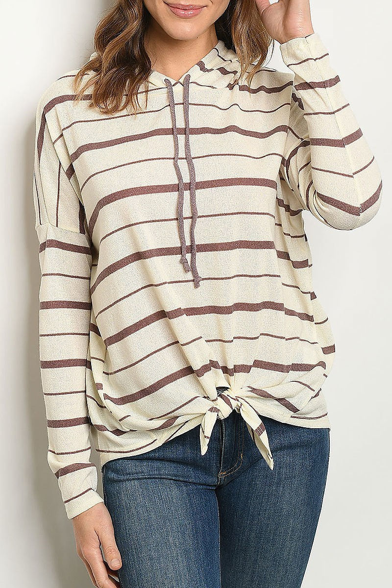 Long sleeve stripe hooded tie waist dolman top (ED7730-LAST)