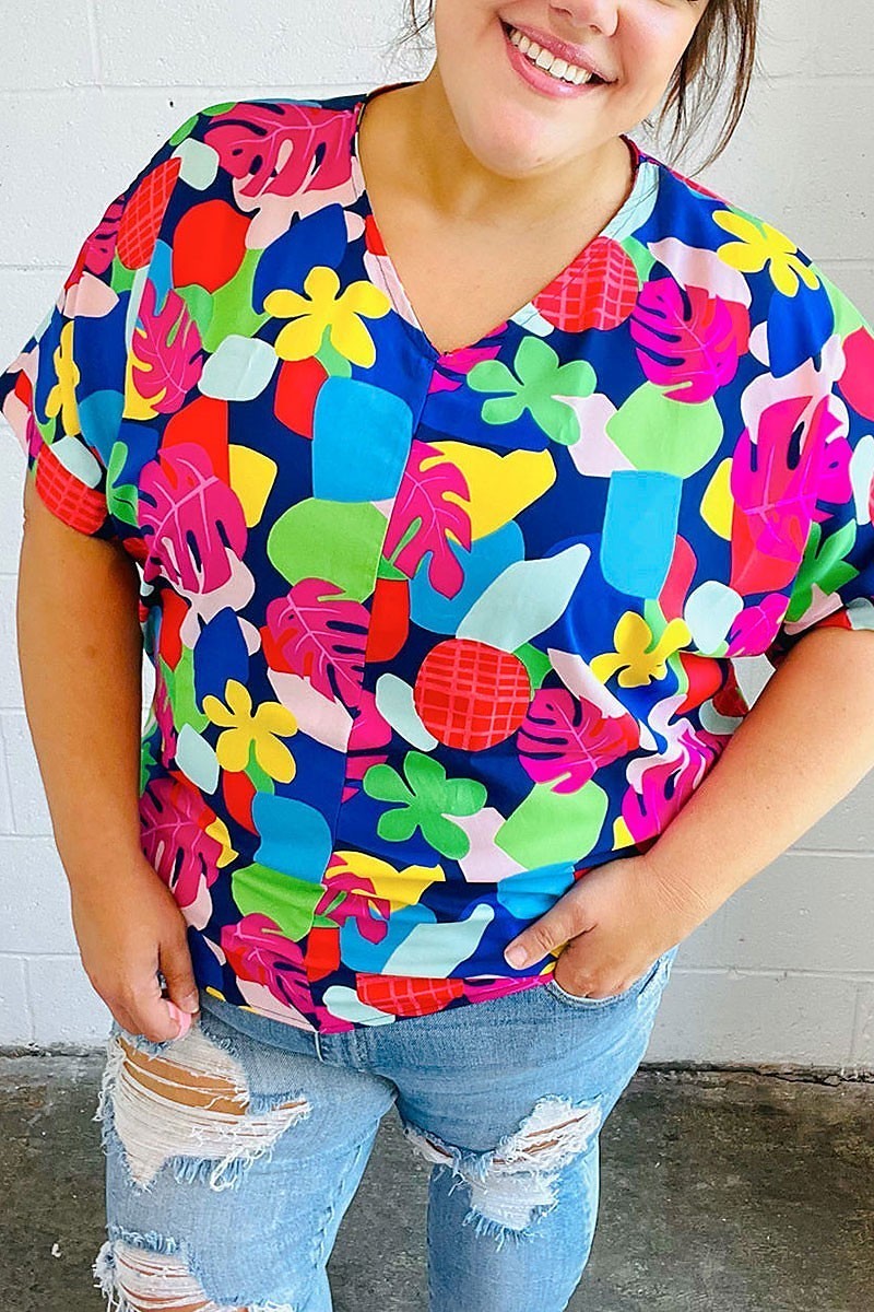 Multicolor tropical print v neck top (ETBM5834)