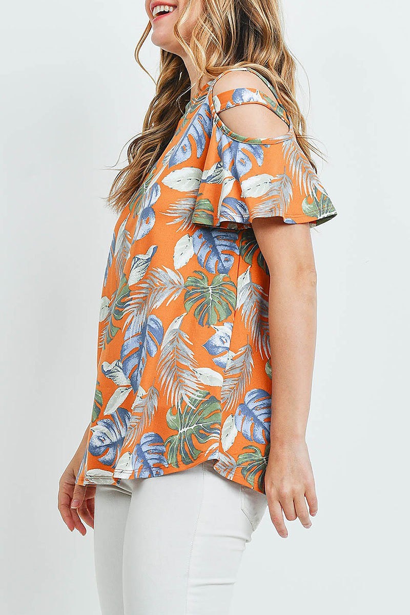 Tropical print cutout sleeve top (ED9260)