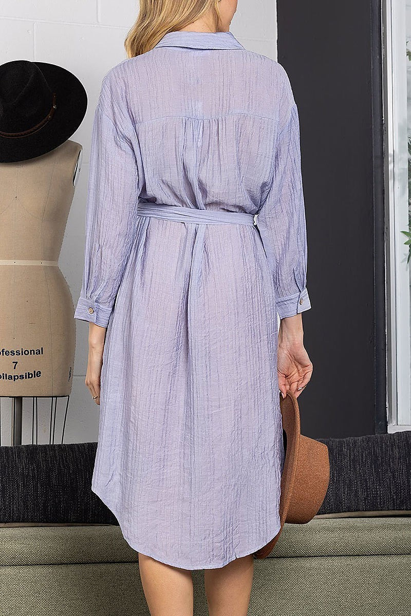 Collared linen long sleeves maxi dress (EDSW3878)