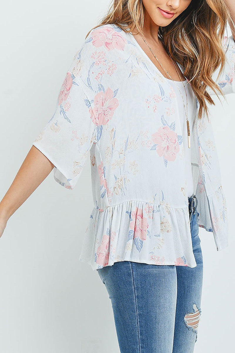 Ruched peplum detail floral print kimono cardigan (ED8756)