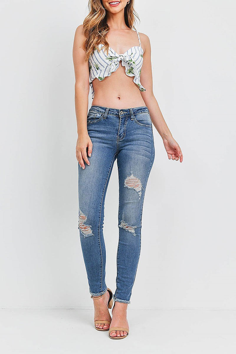 Stripe leaf print ruffle detail crop top (EF1540)