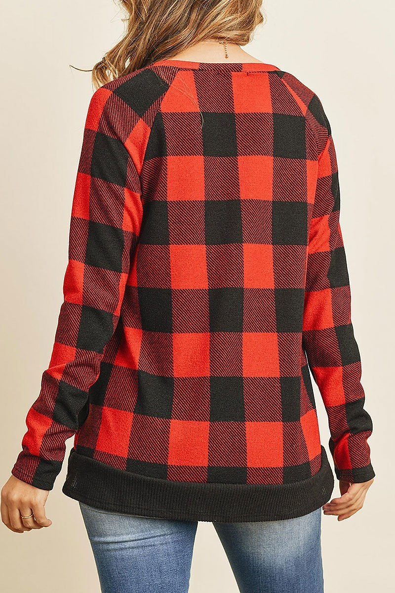 Checker plaid v neck long sleeve top (ED8092)