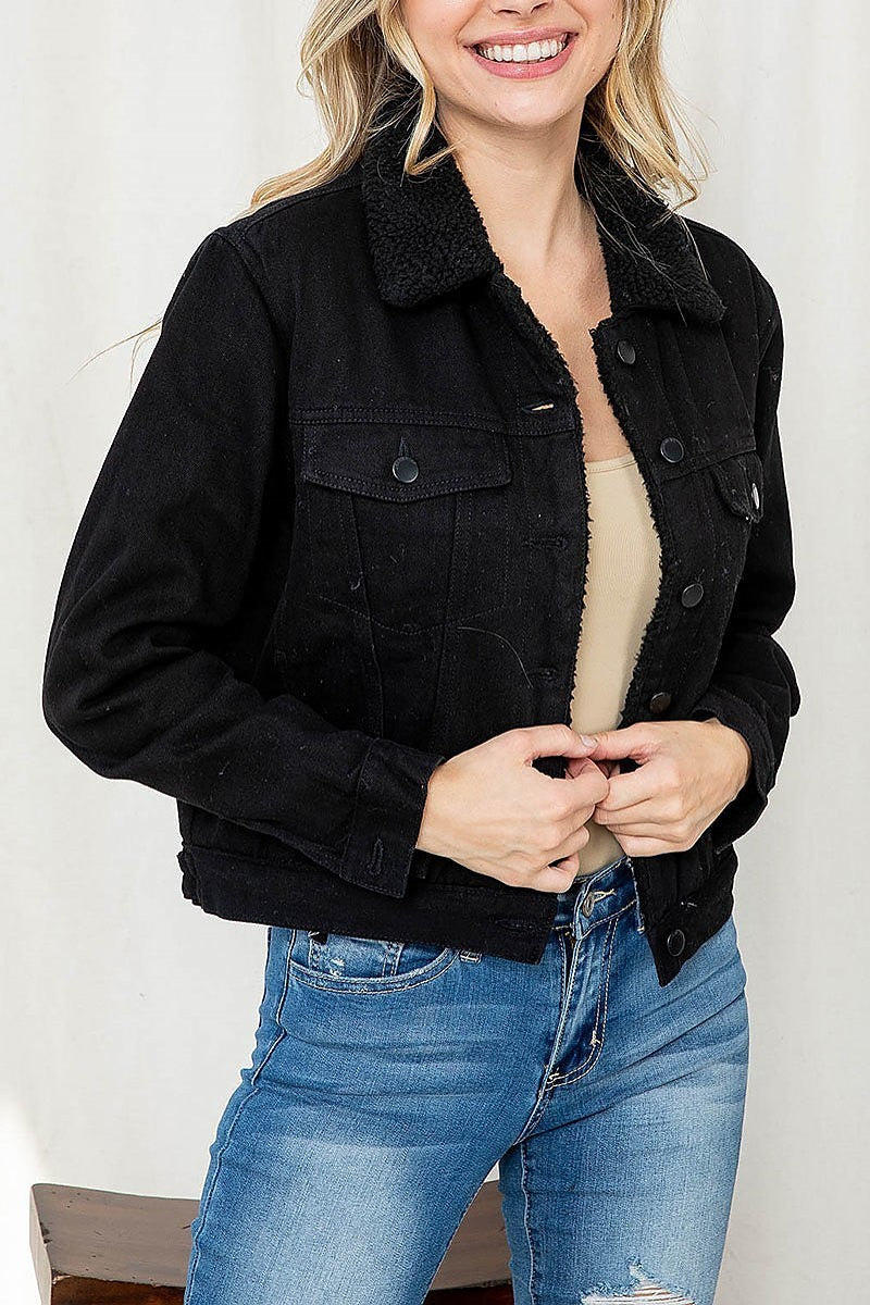 Faux fur contrast button front denim jacket (DGS5627)